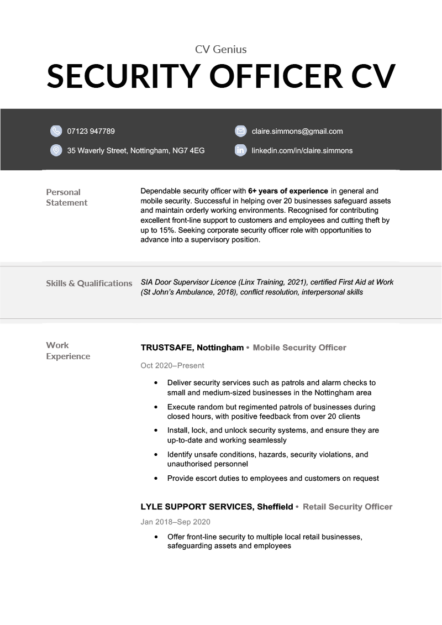 A security office CV template with simple black header