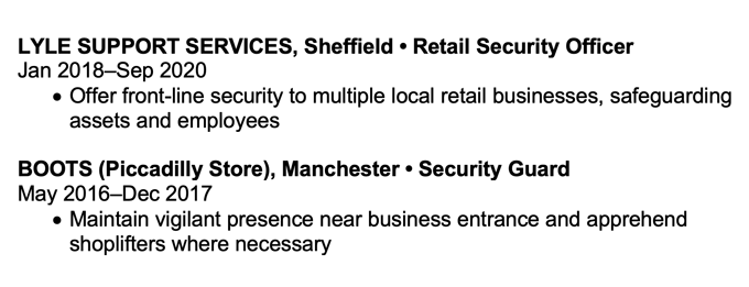 Security officer CV clipping showing good work experience structure