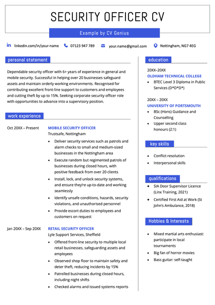 A security guard CV formatted using the blue Wells template.