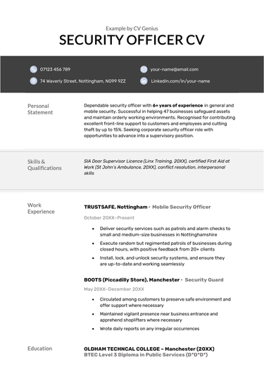 A security office CV template with simple black header
