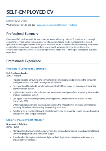 The first page of a self-employed CV example