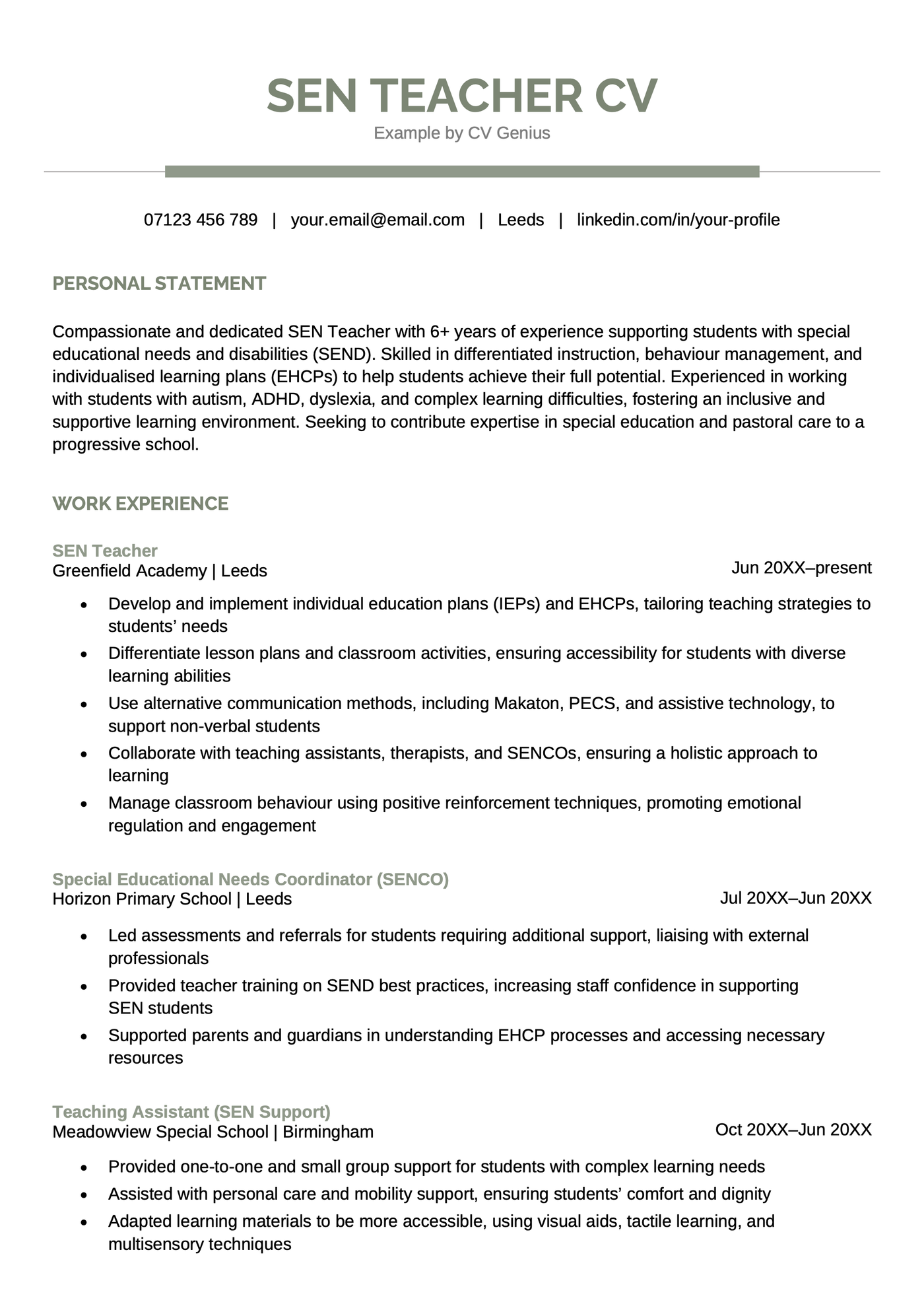 An SEN teacher CV example.
