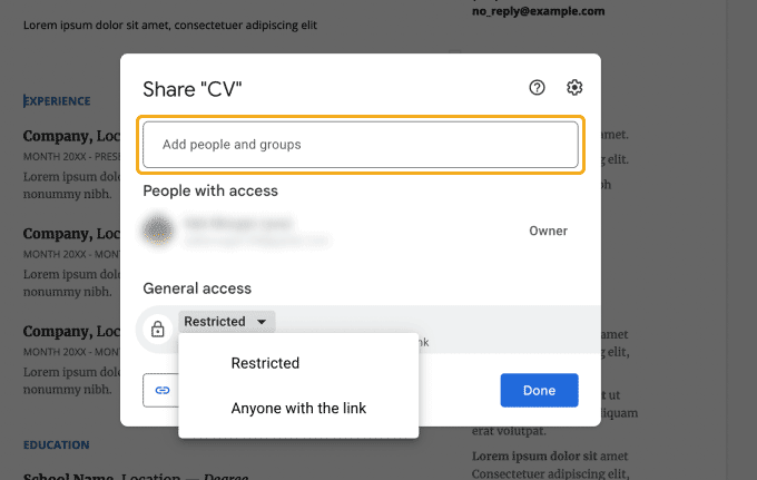 A screenshot demonstrating how to share access to your Google Docs CV by adding the employer's email manually