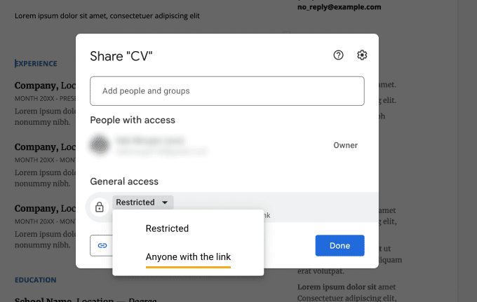 A screenshot demonstrating how to give employers access to your Google Docs CV by underlining the option to change permissions in yellow.