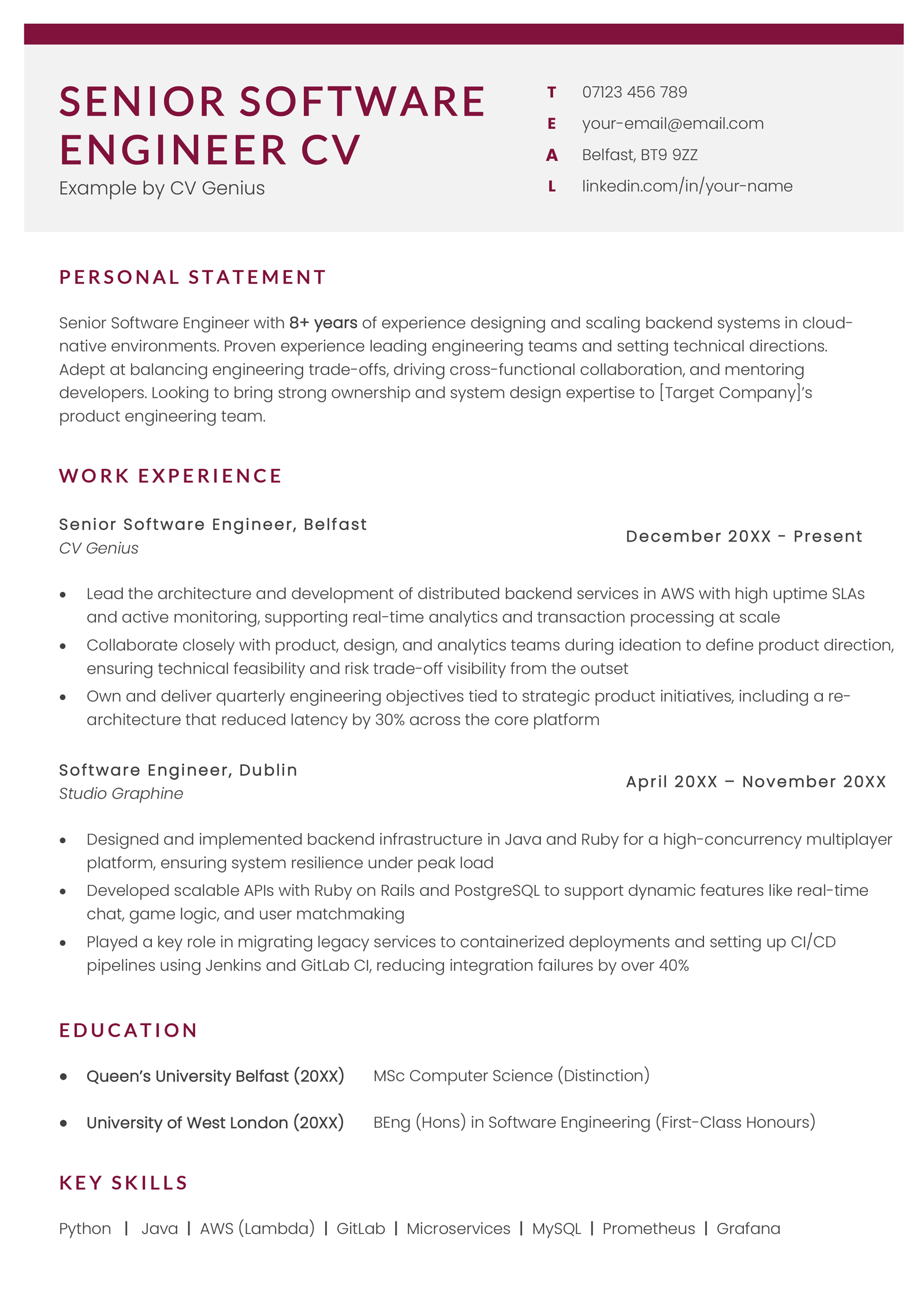 The first page of a senior software engineer CV