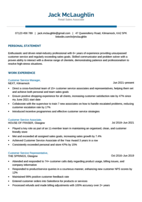 basic and simple CV template with a blue header and blue section heads, page 1