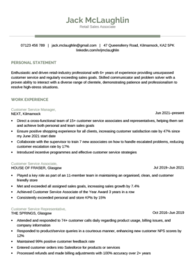 basic and simple CV template with a green header and green section heads, page 1