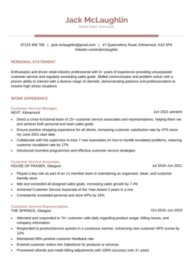 The Severn CV template in maroon. The centered header and contact information are above the left-aligned personal statement and work experience.