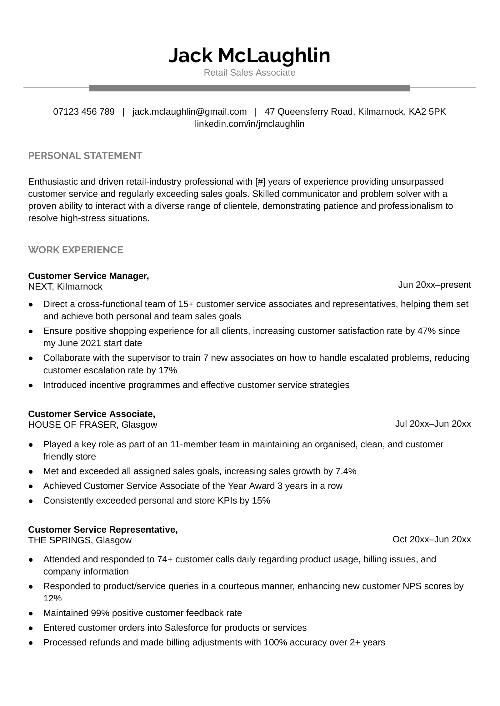 A free Google Docs CV template with a linear design in the header and left-aligned content.