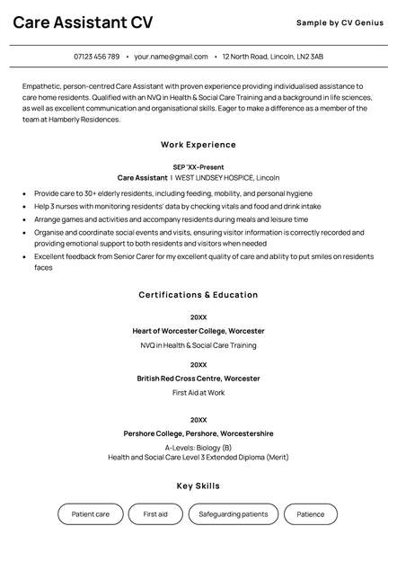 An example care assistant CV using the Sheffield template.