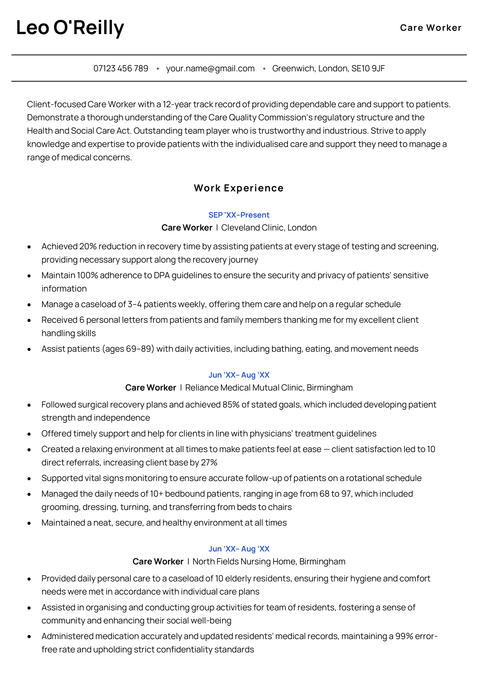 Sheffield CV template in blue, whose first page contains a personal statement and work experience section. This CV template is notable for its sleek, minimalist, and modern design, using a sans serif font to capture the zeitgeist of the current UK job market.