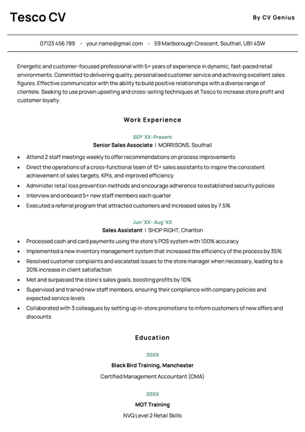 Tesco CV sample using the Sheffield template.