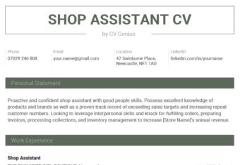 The first page of a shop assistant CV example with a bold header and sections for the applicant's contact information, personal statement, and work experience