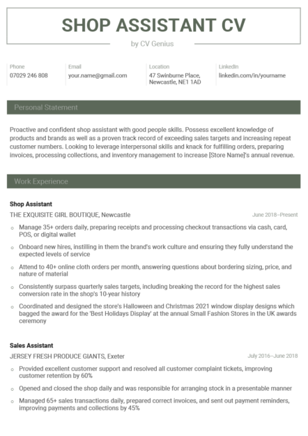 The first page of a shop assistant CV example with a bold header and sections for the applicant's contact information, personal statement, and work experience