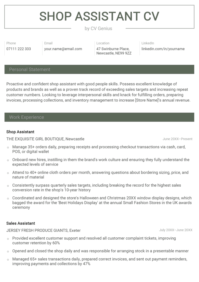 retail personal statement cv