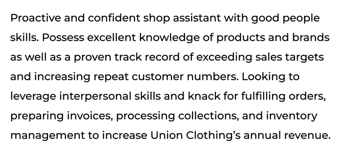 A screenshot of a shop assistant CV's personal statement with three sentences that detail the applicant's customer service and inventory experience