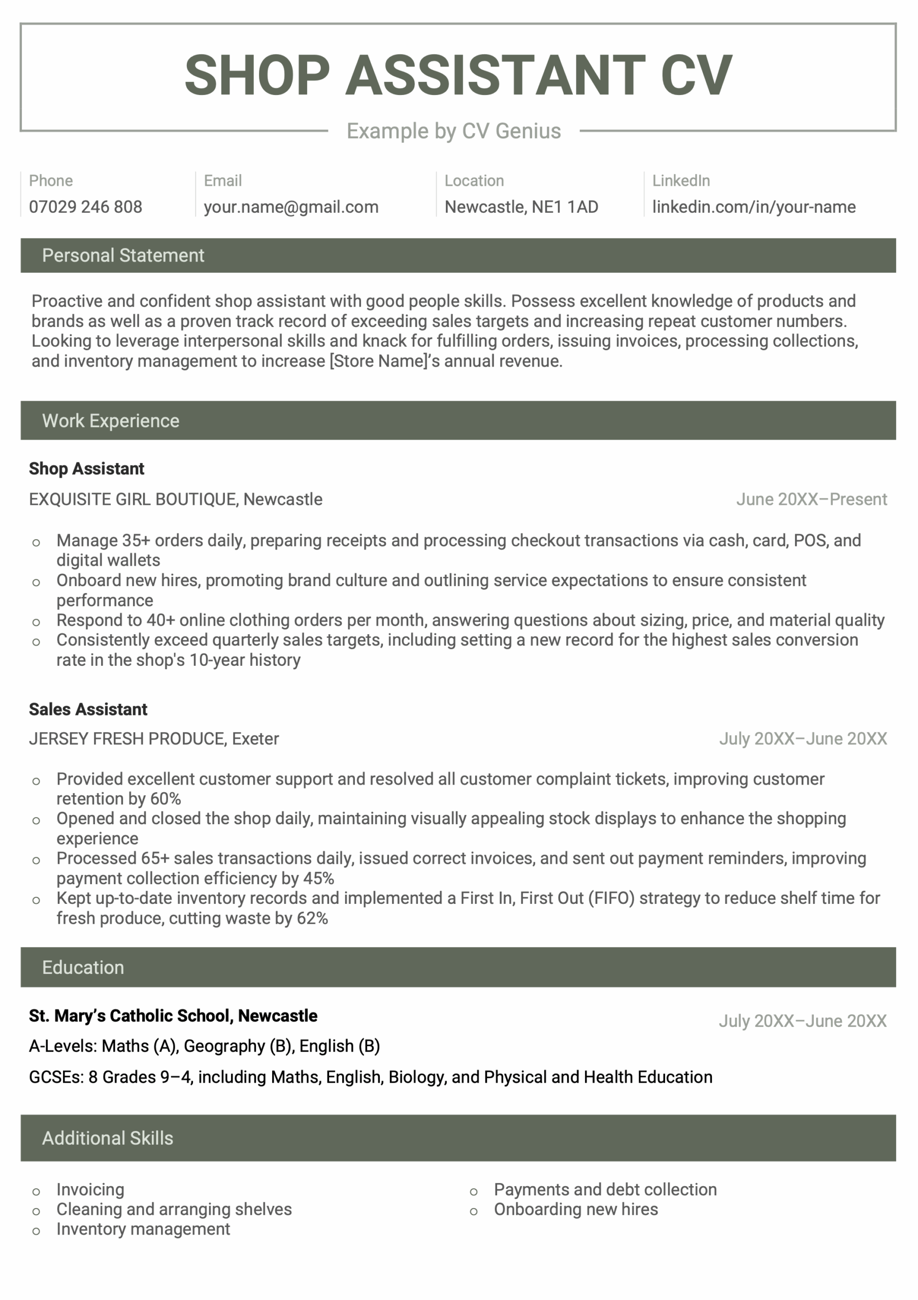 The first page of a shop assistant CV example with a bold header and sections for the applicant's contact information, personal statement, and work experience