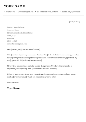 A short cover letter sample template with a blue and white header and a few paragraphs of text where the reader can insert their personal information.