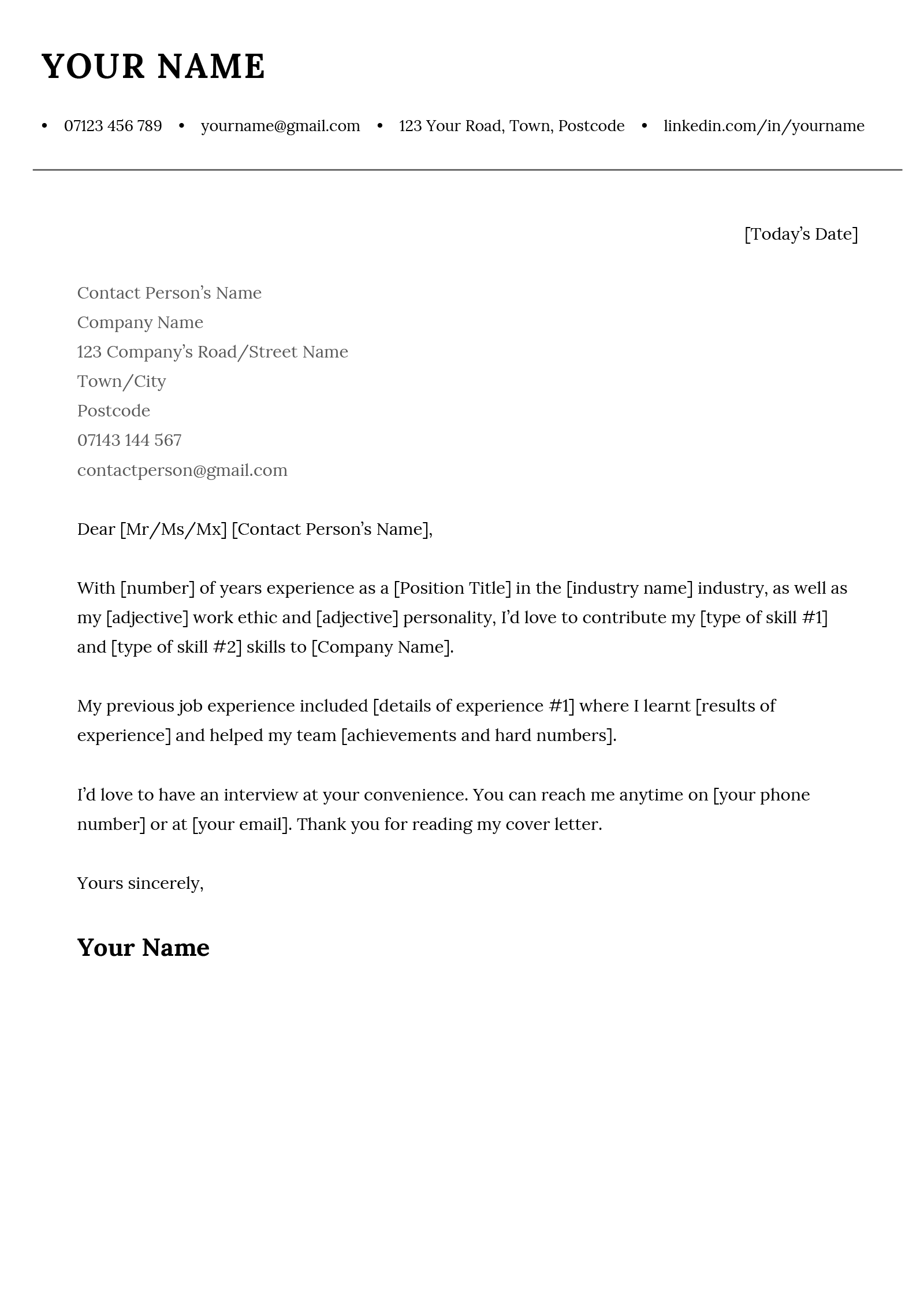 cover letter easy example