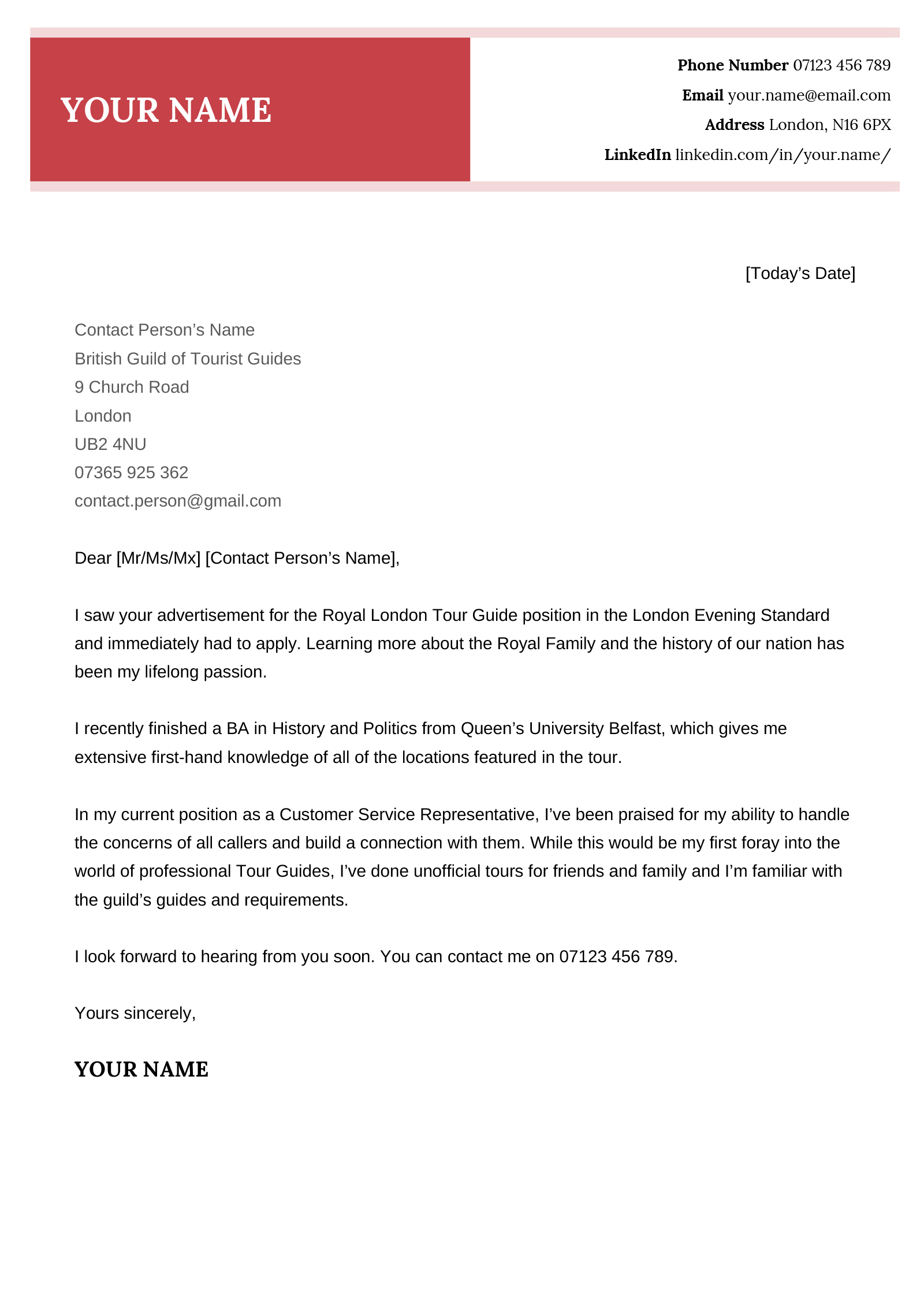 A short cover letter sample for a tour guiding job with a burgundy header and a few paragraphs of text.