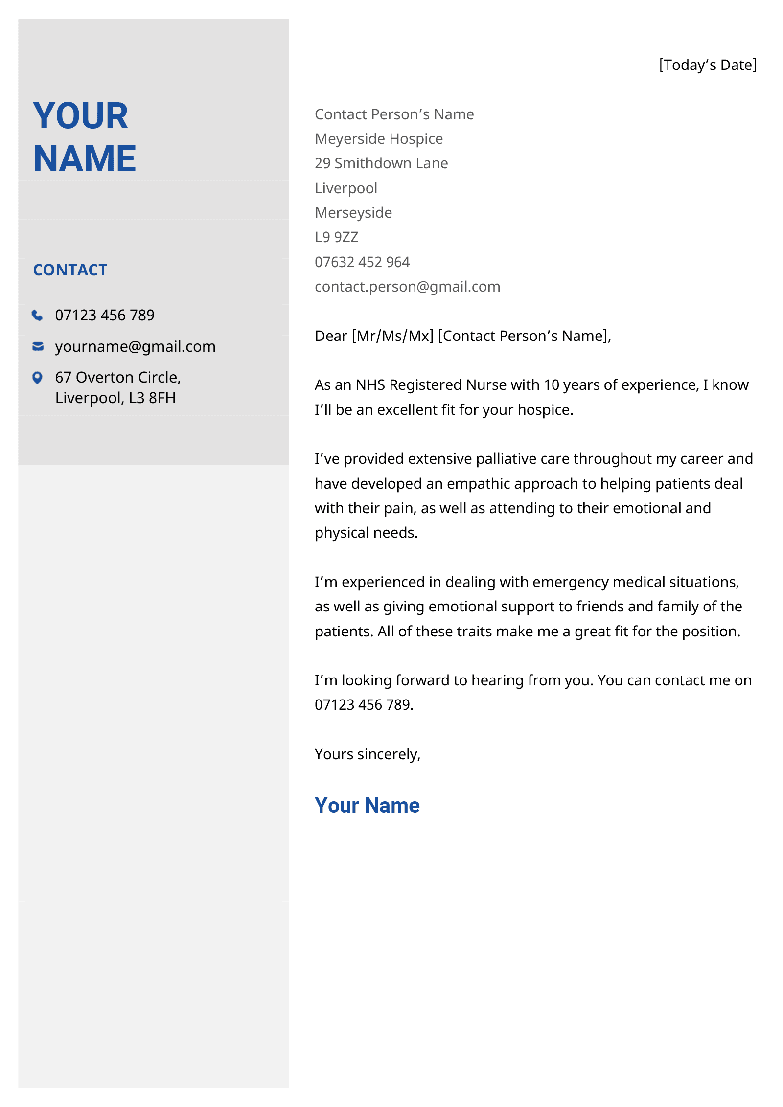 A short cover letter sample for a nursing job with the applicant's name and contact information in a grey column on the left side of the page. 