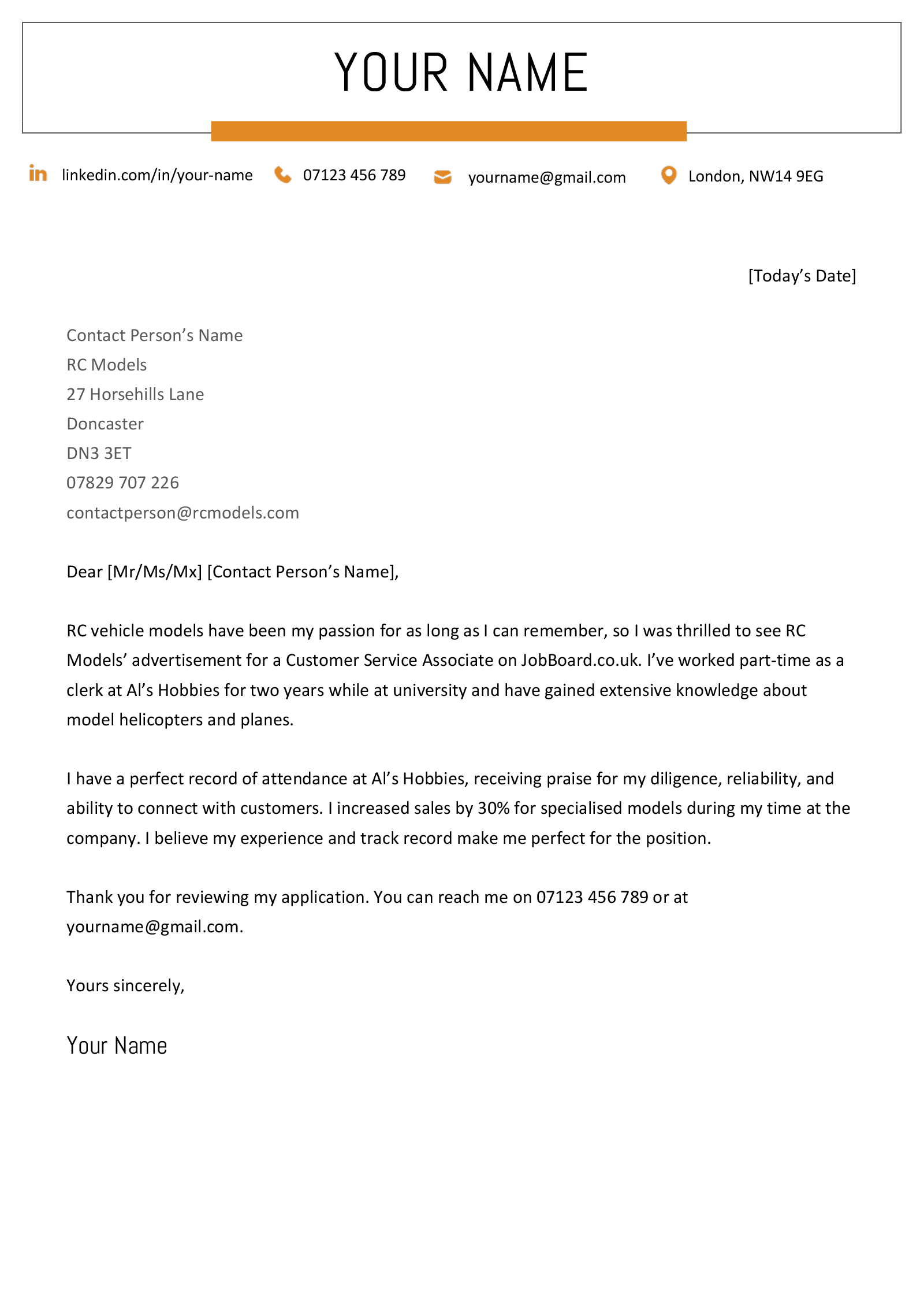 A short simple cover letter for a retail position with the applicants contact information in the left margin.. 