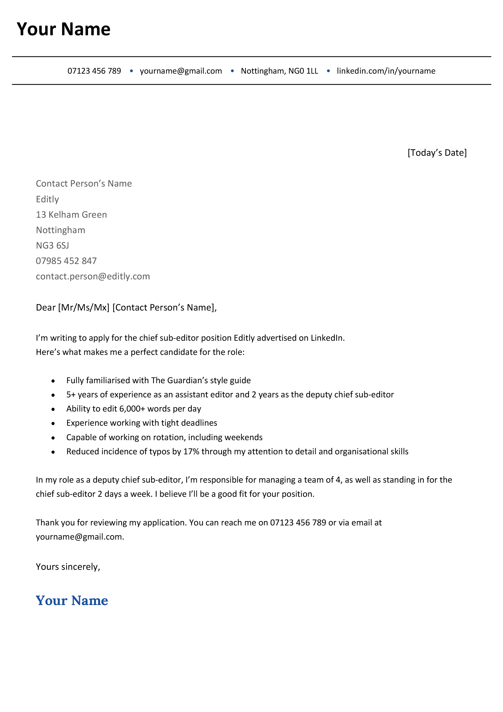 A short cover letter sample for an editor position with a bulleted list to briefly summarise the applicant's key achievements.