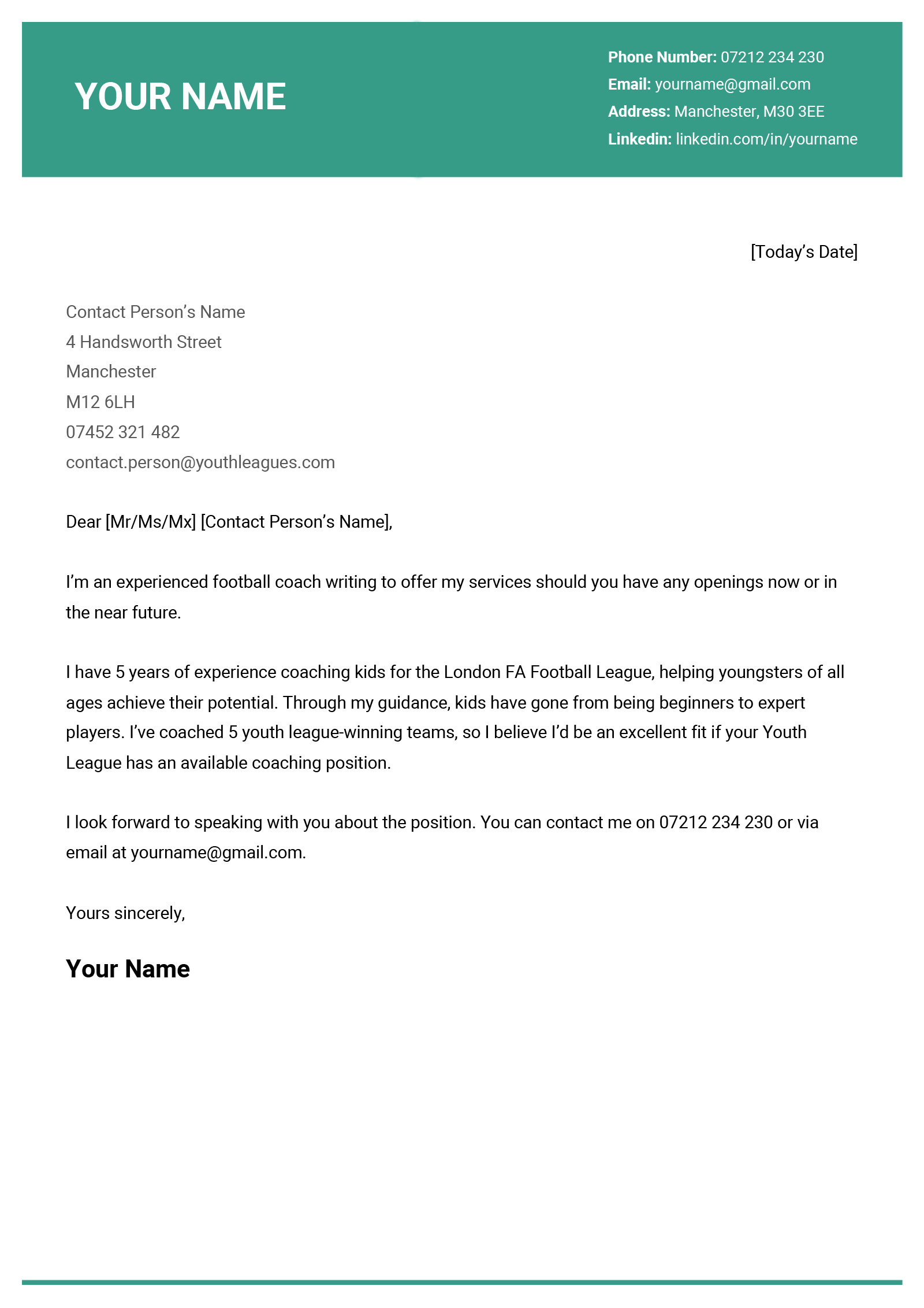 A short cover letter sample with a deep purple header.