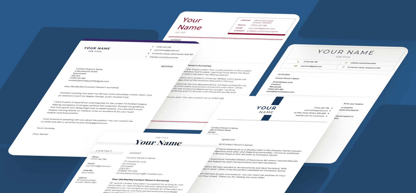 An image showing five short cover letter templates in various styles and colours.