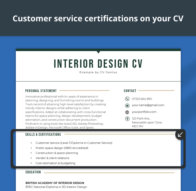 An example CV with the applicant’s skills and certifications outlined with a dark blue frame.