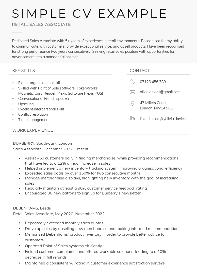 A simple CV example that prioritises the candidate's skills section.