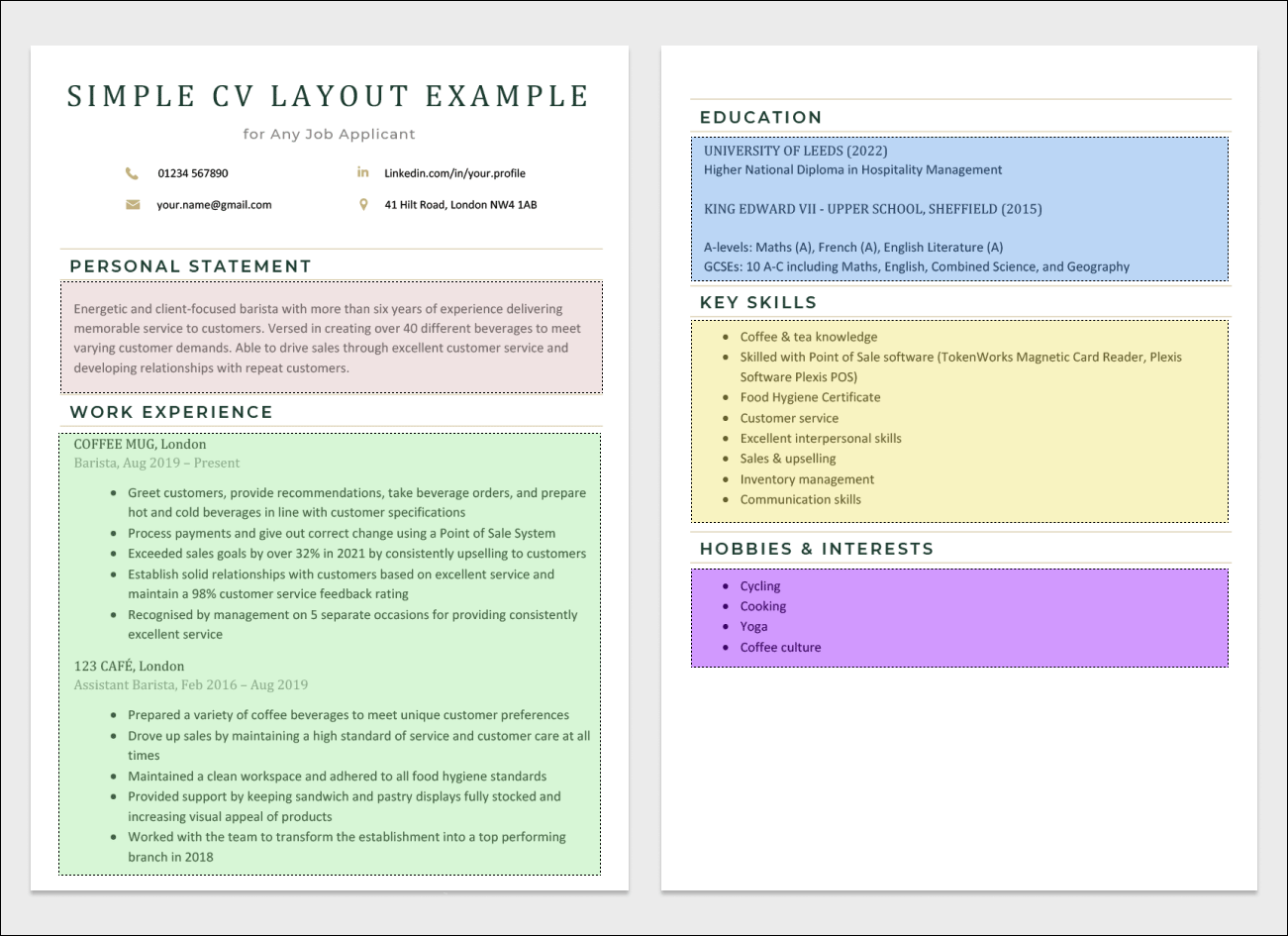 Example of a two-page simple CV layout displayed side-by-side with different CV sections highlighted in coloured boxes on a light grey background to illustrate how a simple CV should look like.