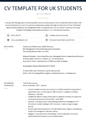 A CV template UK students can use. It's got a dark blue bar at the top, and the sections headers are in a left-aligned column.