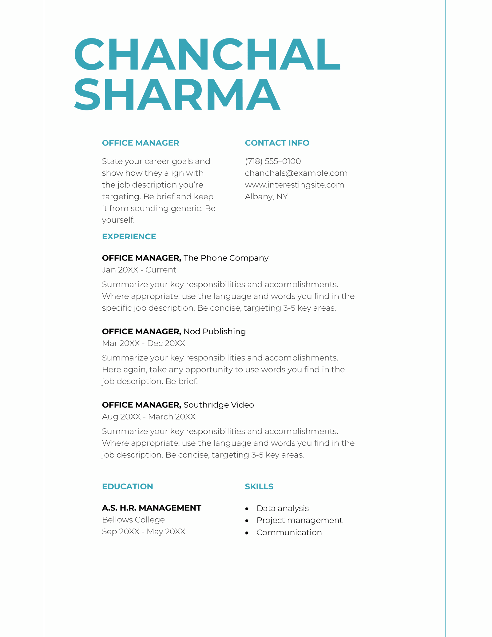 Simple Bold CV template from Microsoft Word with blue section headings and vertical lines that frame the content on either side of the CV.