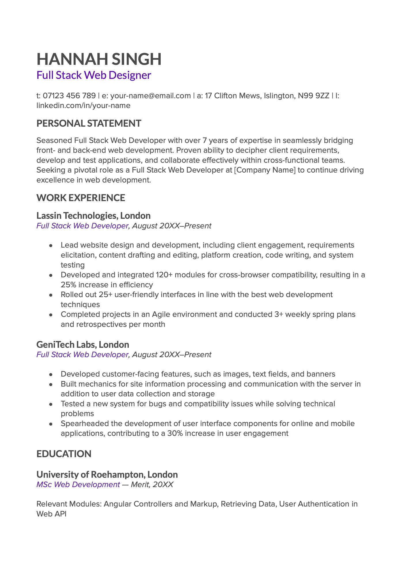 The Simple Google Docs CV template in purple.