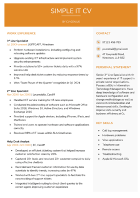 A simple IT CV example featuring an applicant who has worked at several mobile phone network providers.