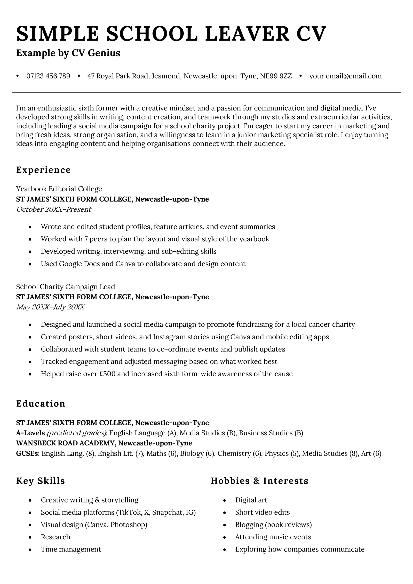 A simple school leaver CV example.