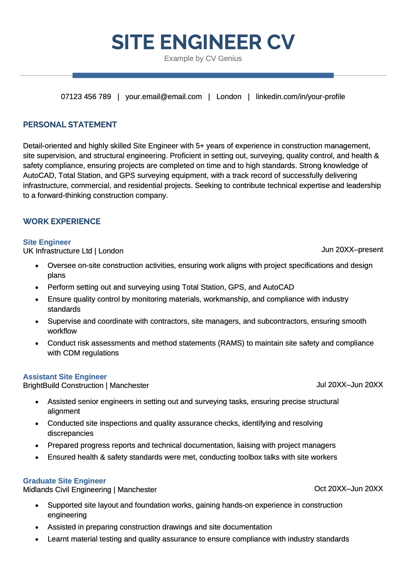 A site engineer CV example.