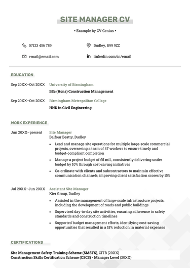The first page of a site manager CV example.