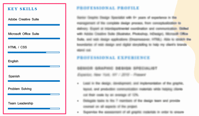 An example of skills bars on a graphic designer CV