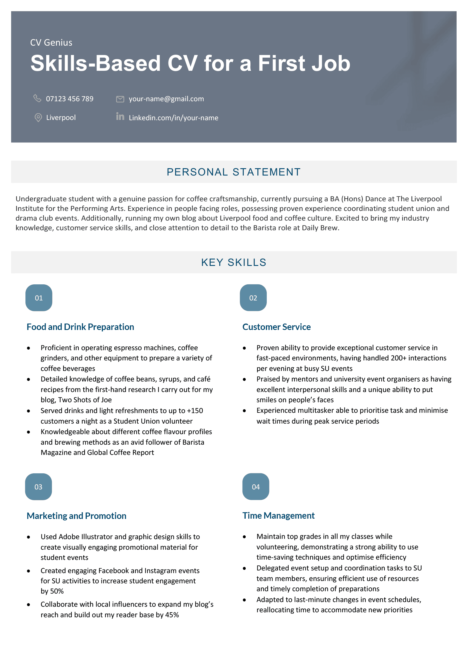 A CV for a first job that uses a skills-based format and has a modern, blue header.