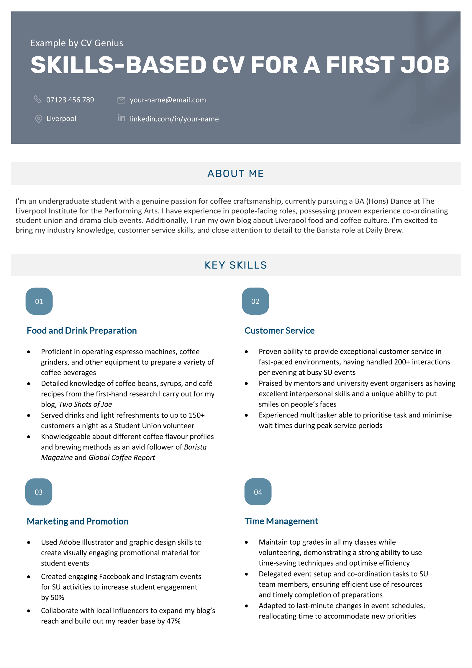 A CV for a first job that uses a skills-based format and has a modern, blue header.