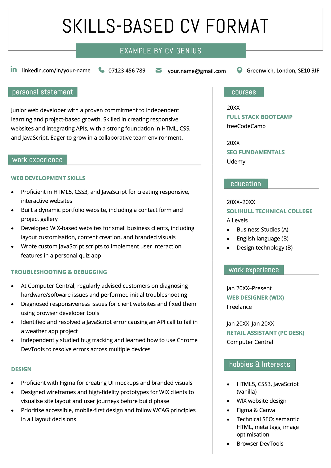 A CV using the skills-based format