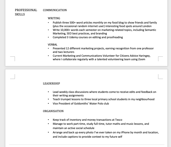 Screenshot from a skills-based CV layout, highlighting the skills section and how it's larger than the work experience section