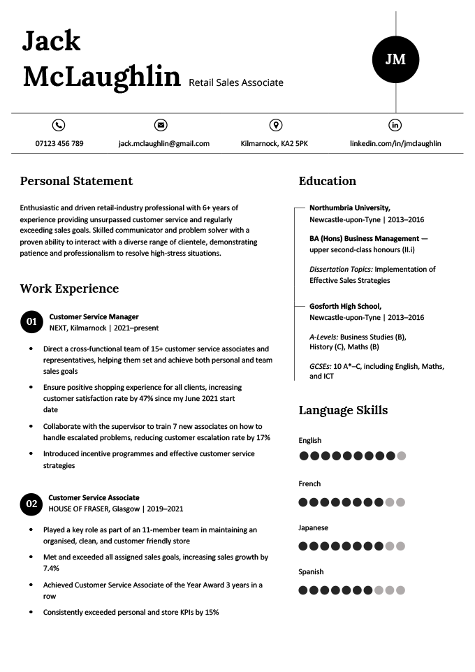 A visual CV example with skills bubbles