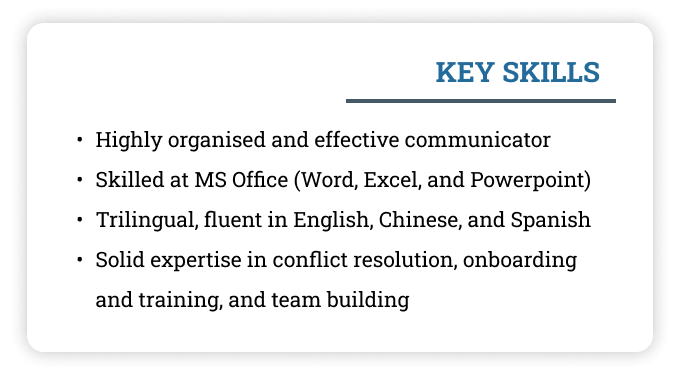 Key skills for a CV shown in its skills section