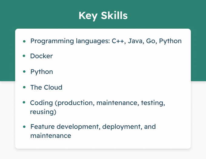The skills section of a software engineer CV depicting the skills requested in the job advert.