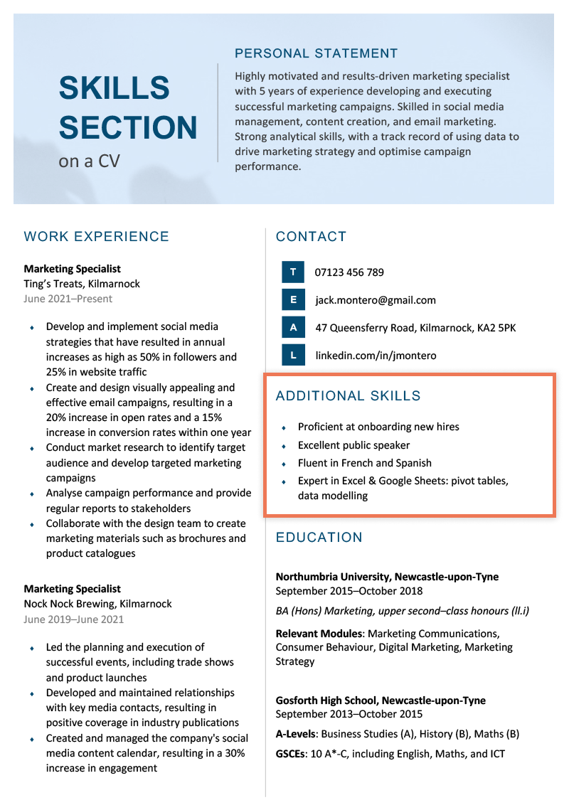 A skills section on a CV highlighted by an orange outline