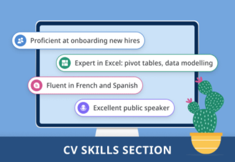 An animated computer screen showing a skills section on a CV