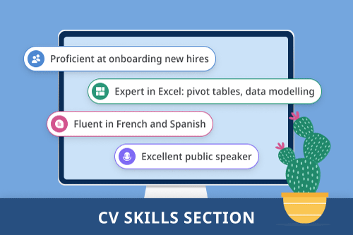 An animated computer screen showing a skills section on a CV